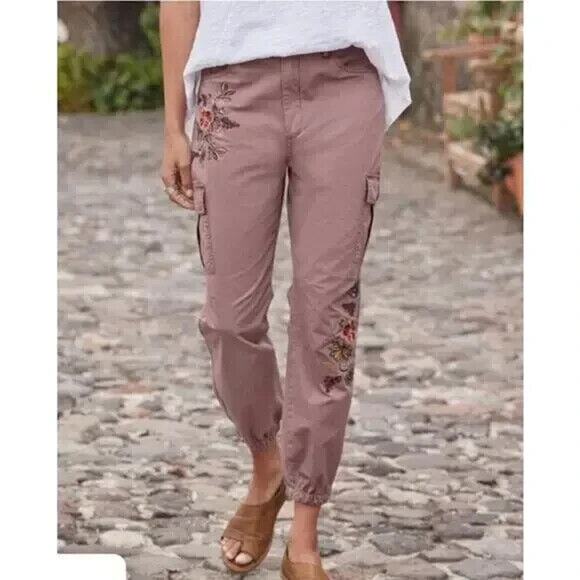 Sundance Embroidered Cargo Joggers Dusty Mauve Rose Boho Women's Size 12 Petite - Picture 12 of 12